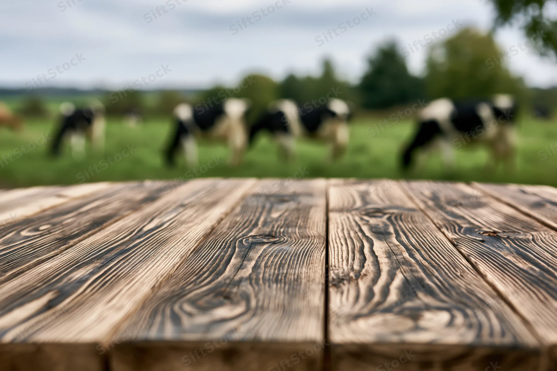 Rustic wooden plank table in sharp focus with grazing cows in blurred pasture background