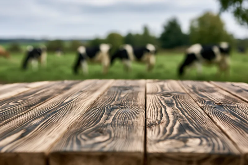 Rustic wooden plank table in sharp focus with grazing cows in blurred pasture background