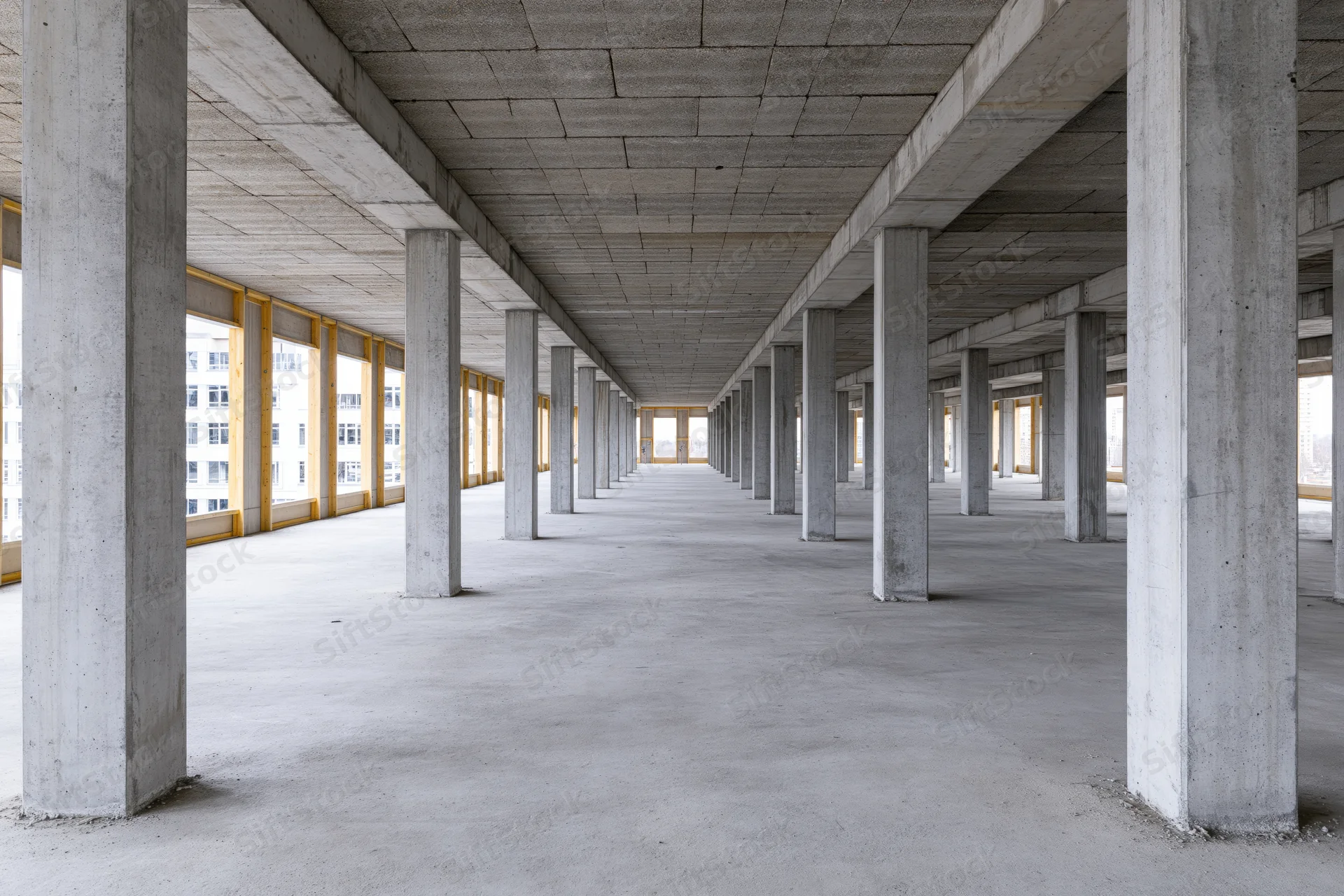 Empty unfinished commercial building interior with rows of concrete pillars and exposed ceiling structure