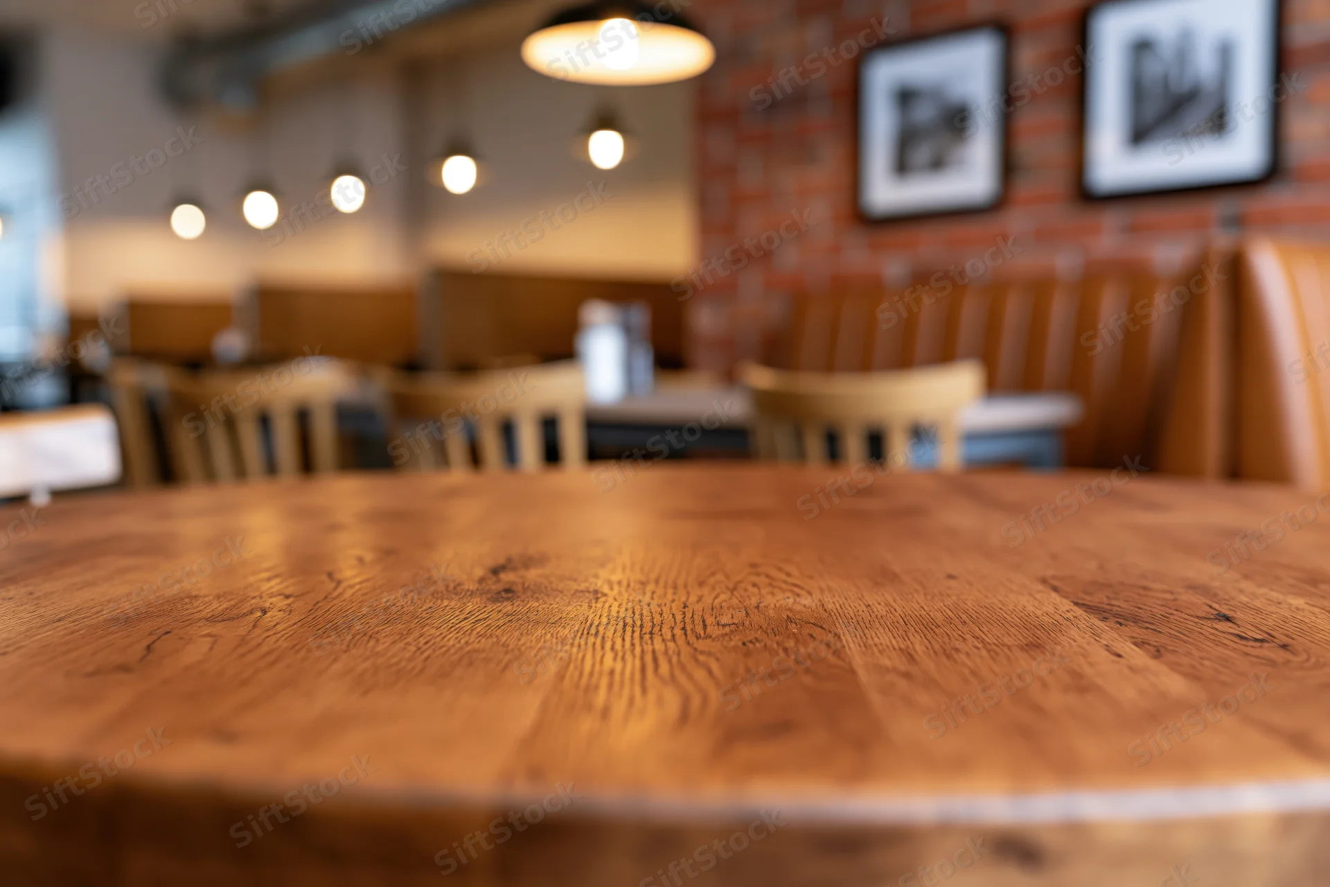 Wooden table surface in sharp focus with blurred restaurant interior in background