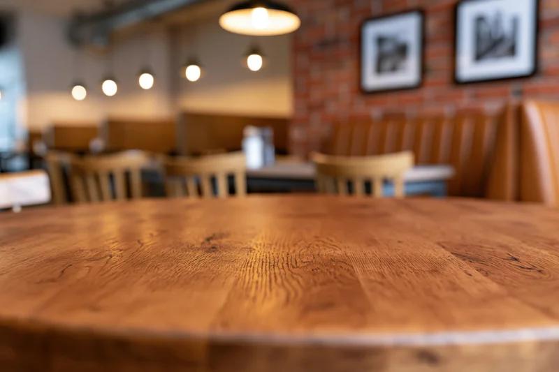 Wooden table surface in sharp focus with blurred restaurant interior in background