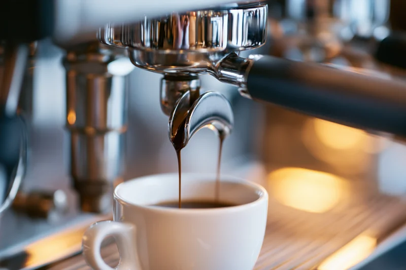 Espresso machine extracting double shot into white ceramic cup on wooden counter