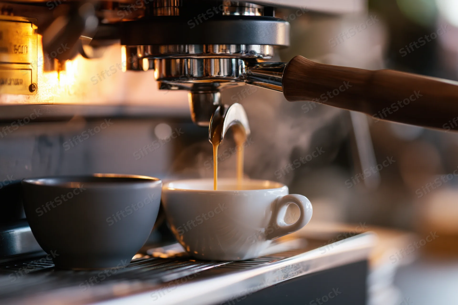 Espresso pouring from a portafilter into a white cup on a coffee machine counter