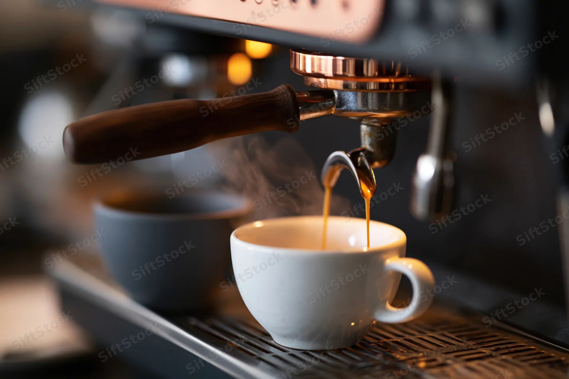Espresso pouring from a professional coffee machine portafilter into a white cup on a drip tray