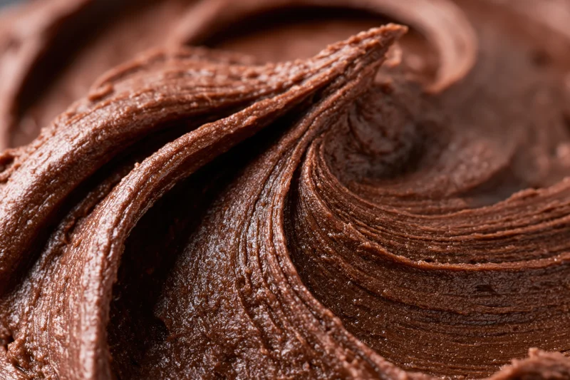Close-up of dark chocolate buttercream frosting swirl showing rich texture and glossy surface