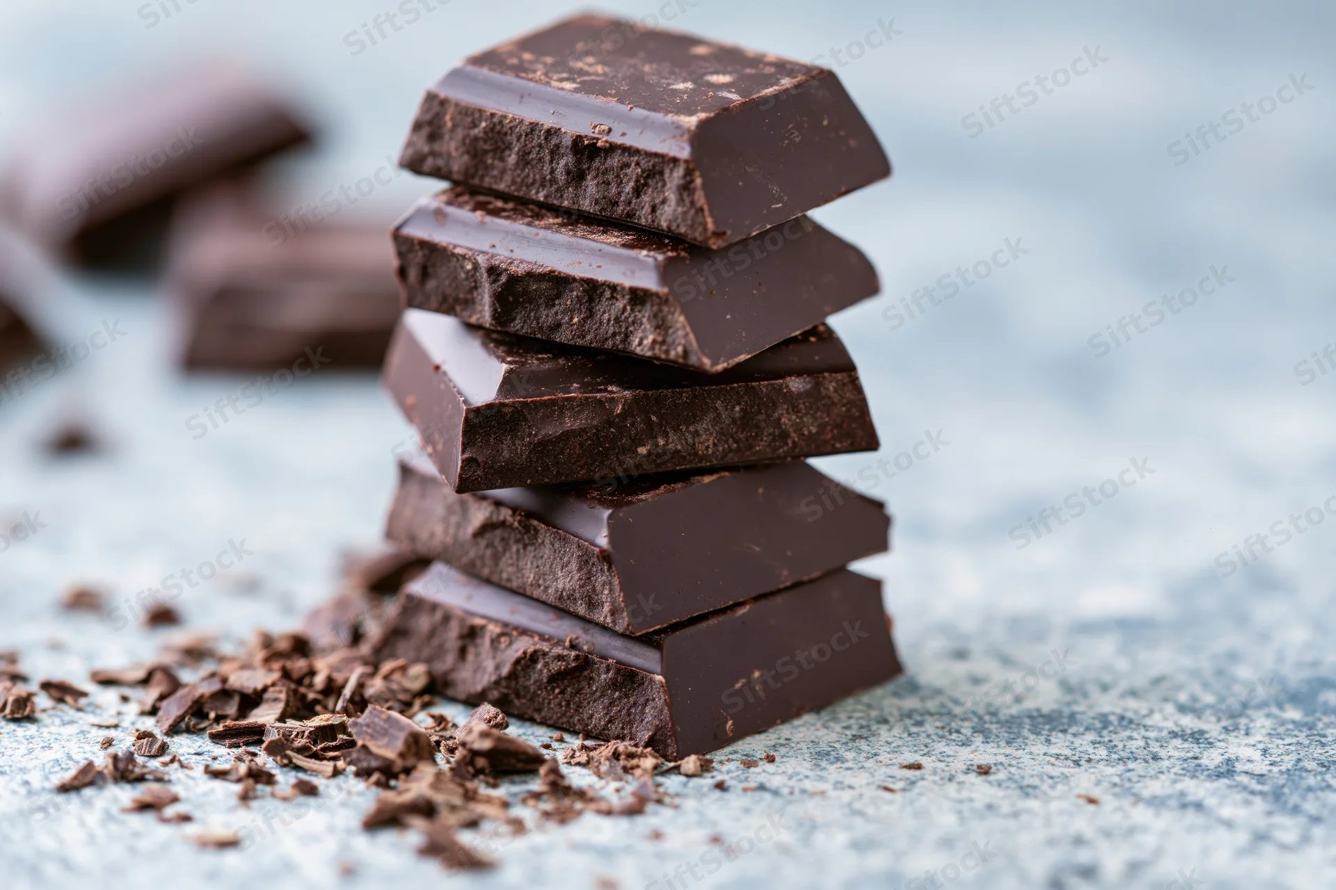 Stack of broken dark chocolate squares on a textured stone surface with scattered crumbs and soft lighting