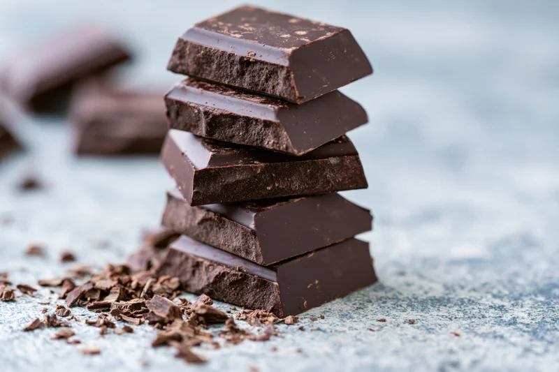 Stack of broken dark chocolate squares on a textured stone surface with scattered crumbs and soft lighting