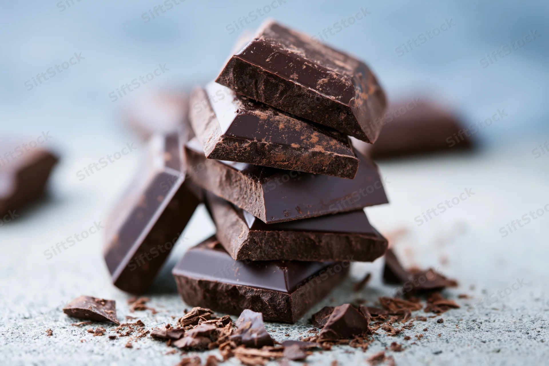 Broken dark chocolate pieces stacked unevenly on a gray stone surface with scattered crumbs
