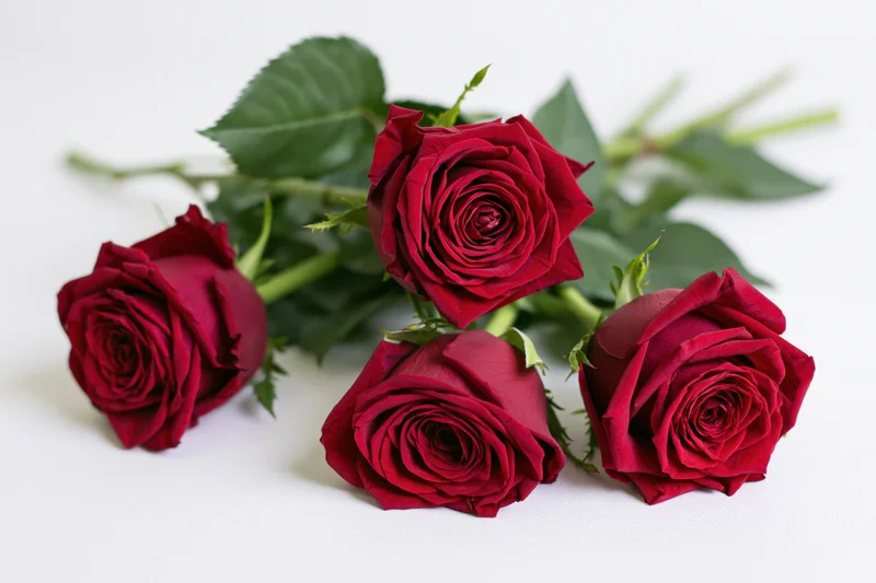 Five red roses with green leaves and stems arranged loosely on a white surface