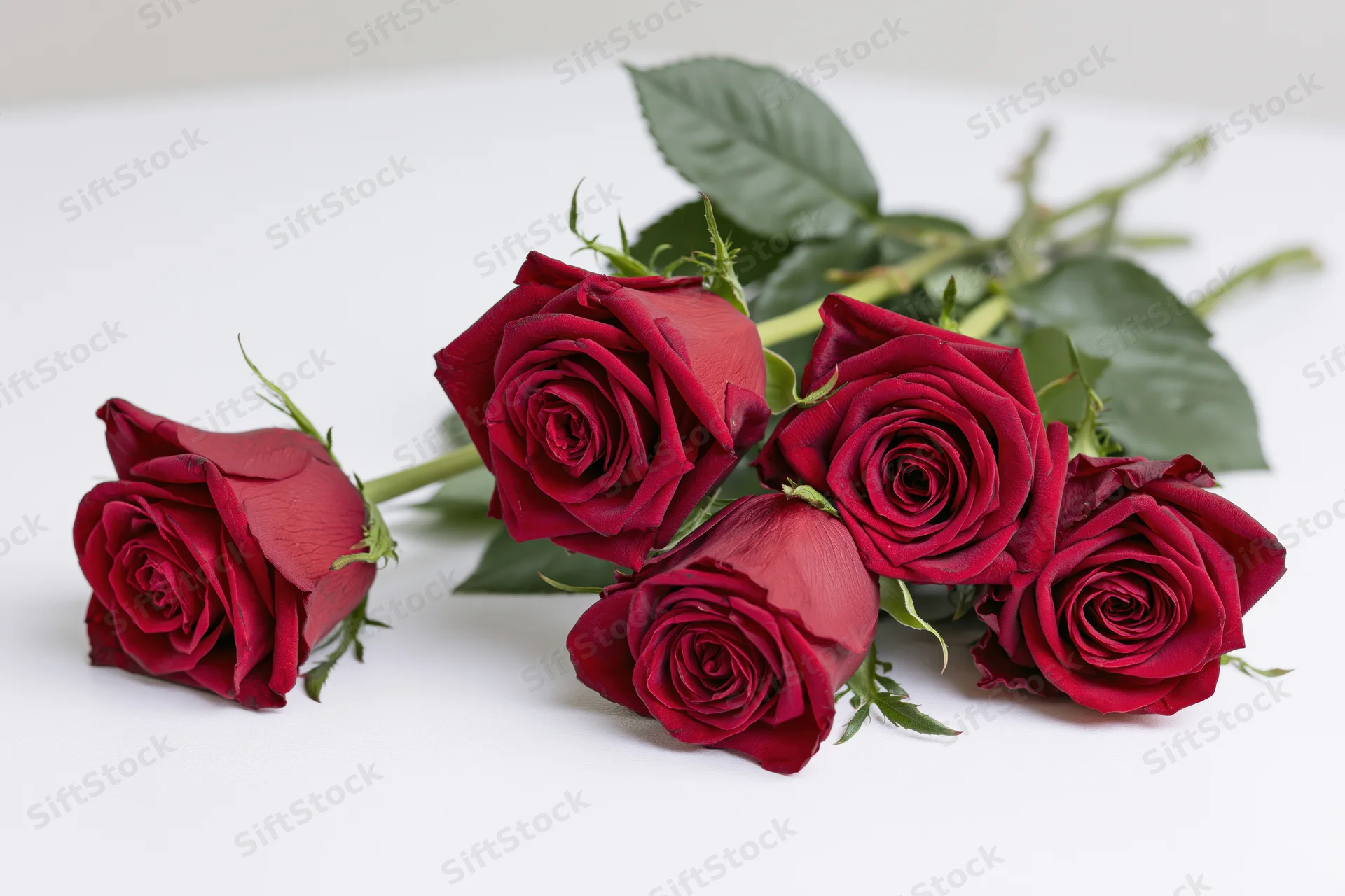 Five red roses with green leaves and stems arranged loosely on a white surface
