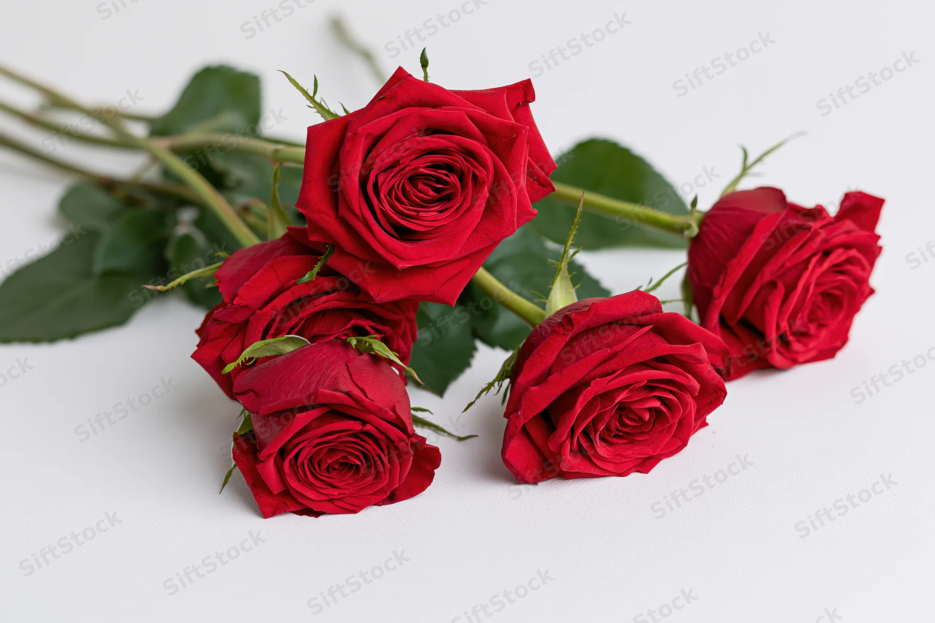 Five red roses with long stems and green leaves lying loosely on white surface