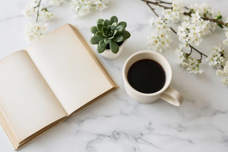Open vintage book with coffee cup and white flowers on marble surface