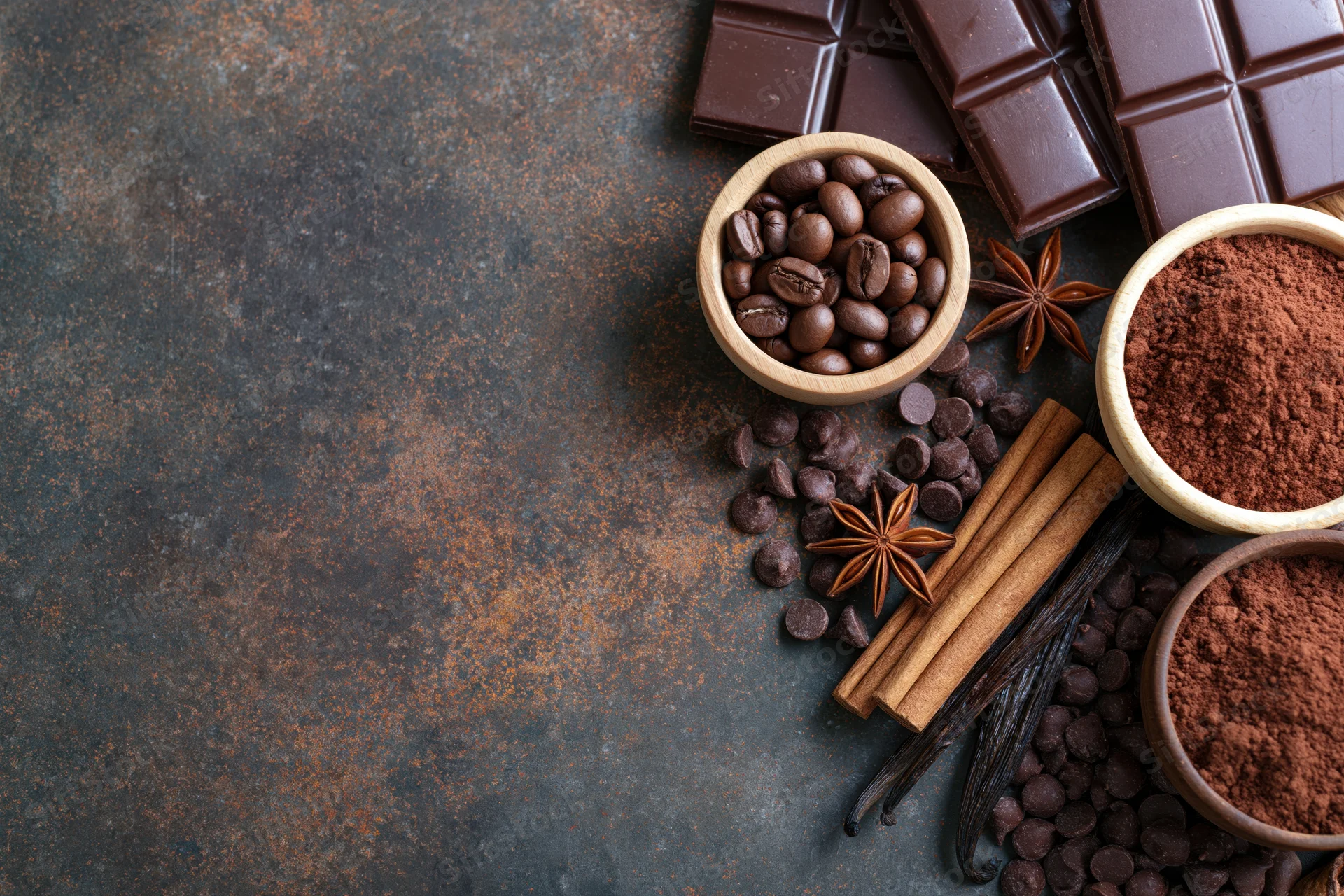 Chocolate bars, cocoa powder, coffee beans, cinnamon sticks, vanilla pods, and star anise arranged in wooden bowls on a dark rustic surface with copyspace