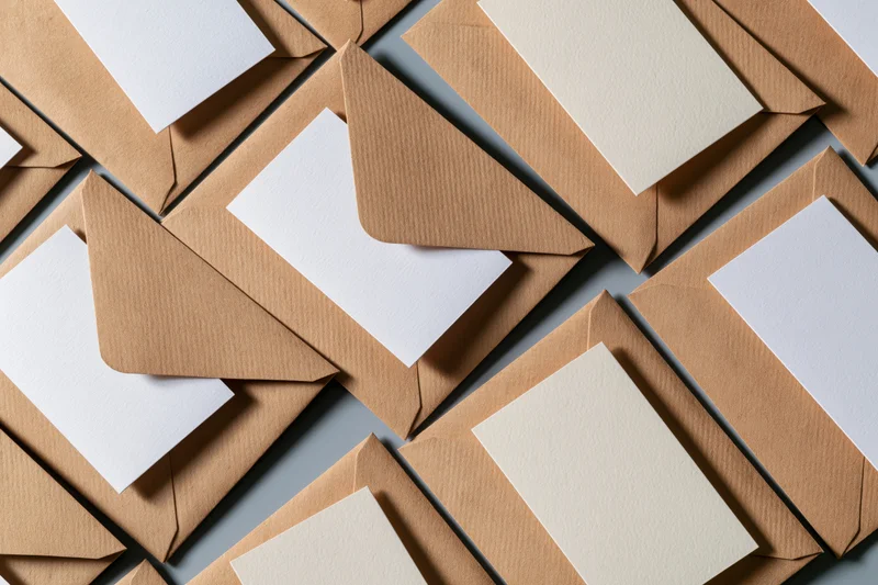 Kraft paper envelopes arranged in a repeating diagonal pattern on a flat surface with white cards visible inside, overhead view