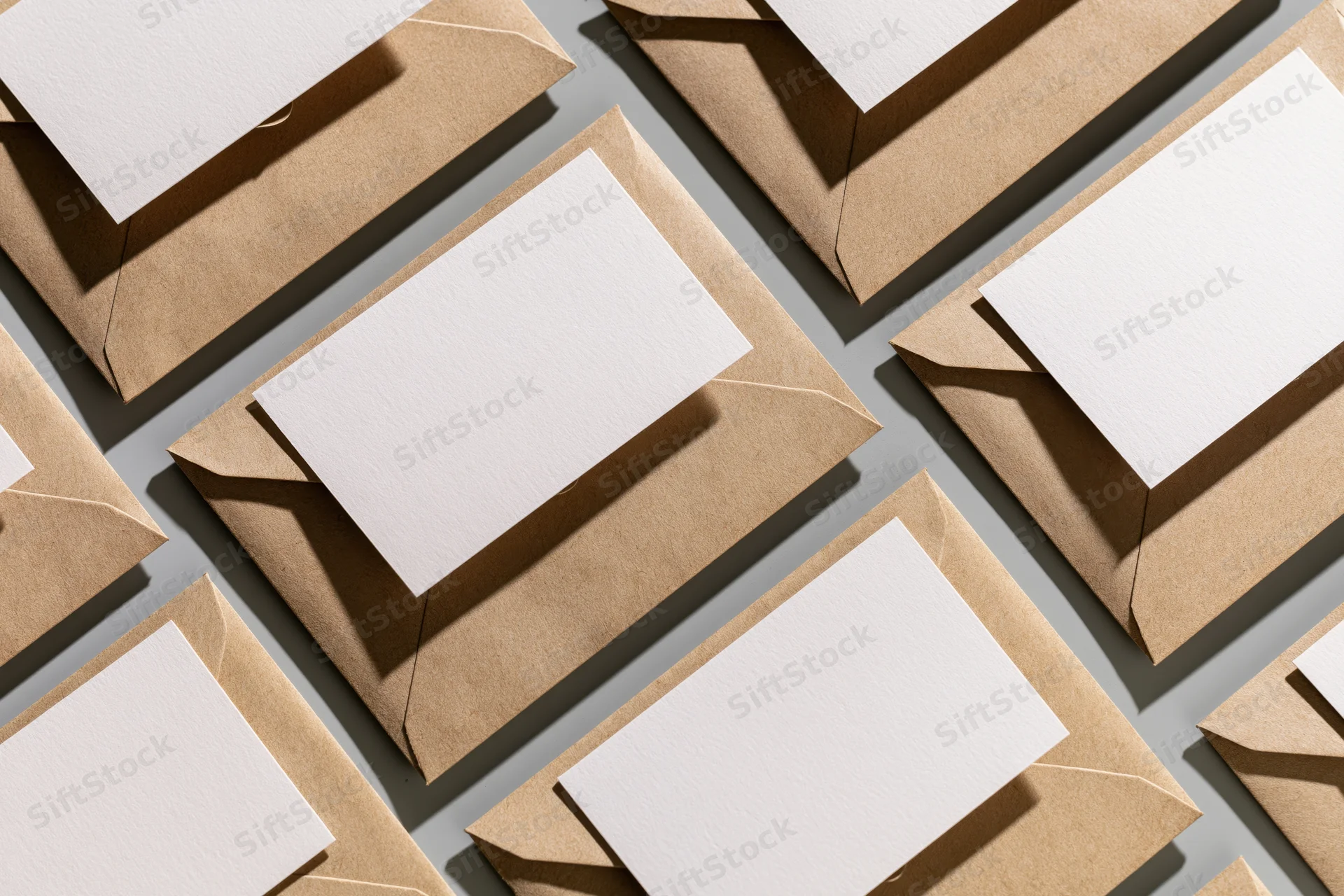 Kraft paper envelopes arranged in a repeating grid on a flat surface with white cards visible inside, overhead view