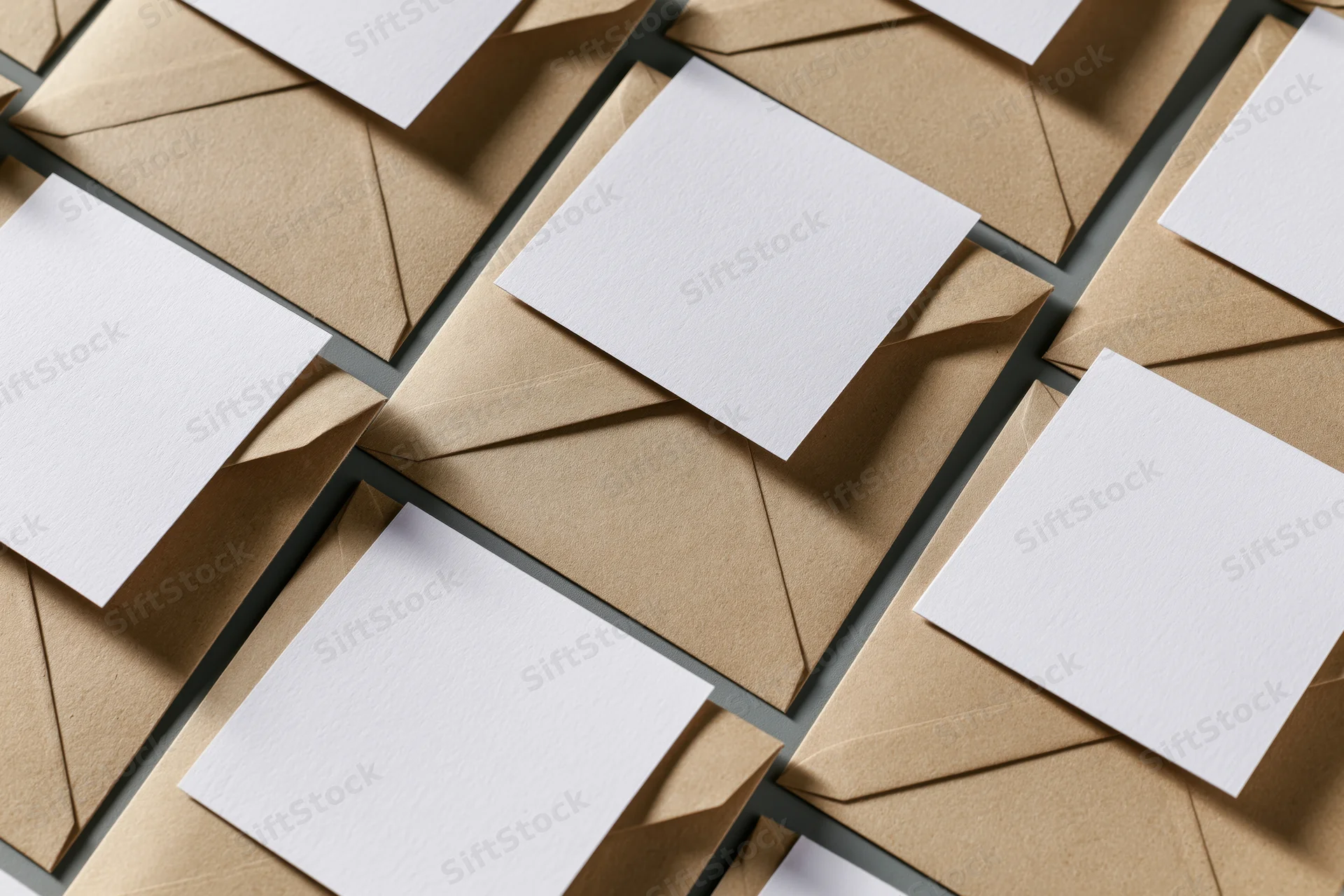 Flat lay of kraft paper envelopes arranged in a repeating grid with white cards on top