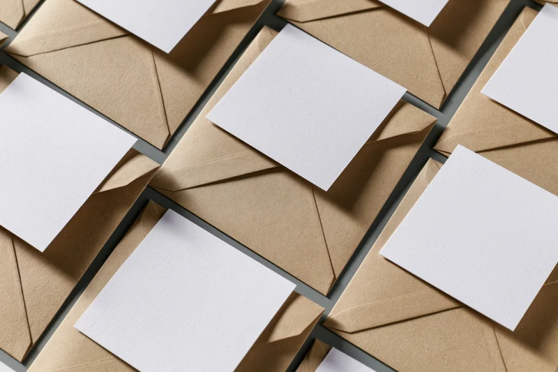 Flat lay of kraft paper envelopes arranged in a repeating grid with white cards on top