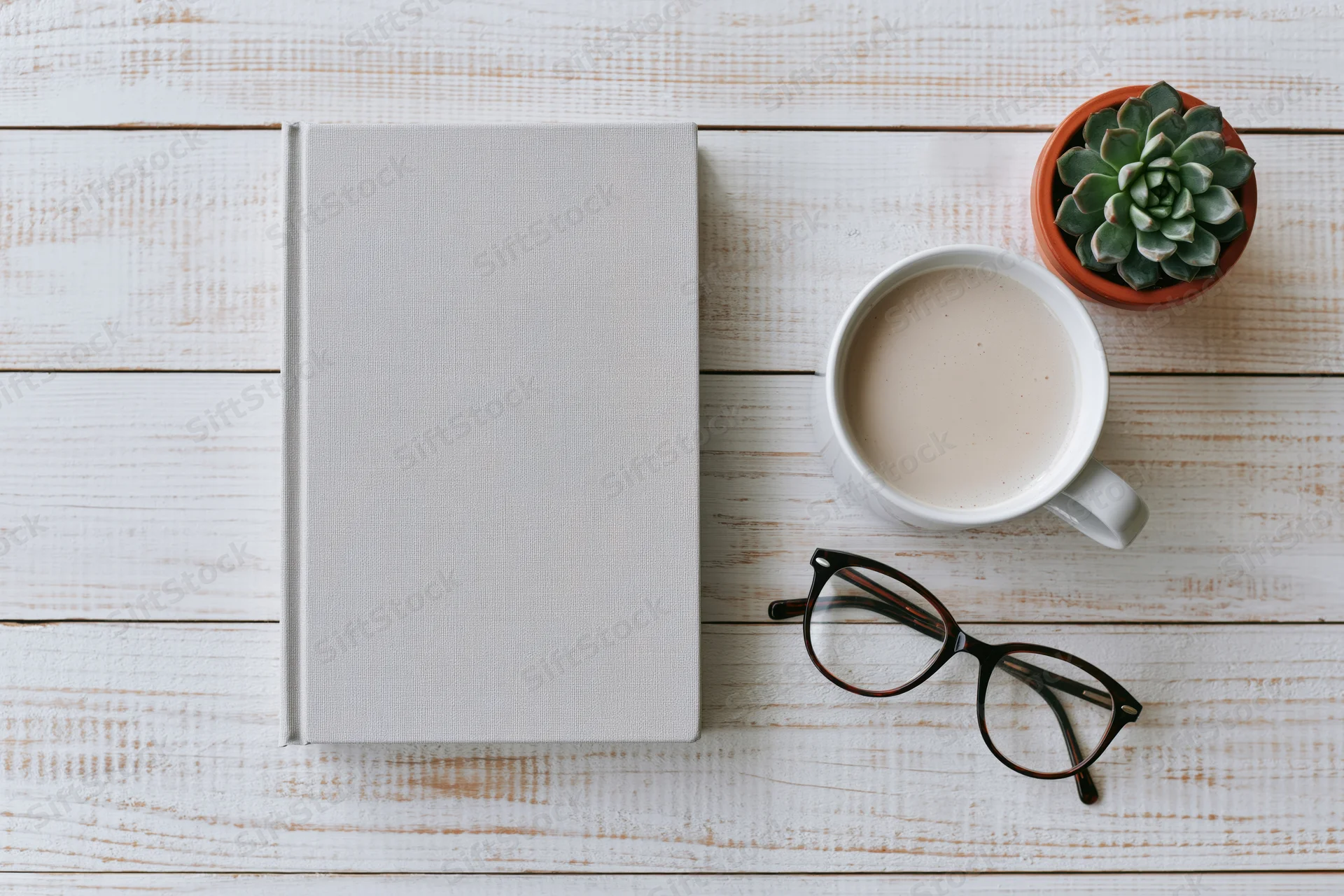 Overhead flat lay of a grey hardcover book, coffee mug, eyeglasses and succulent on a white wooden table
