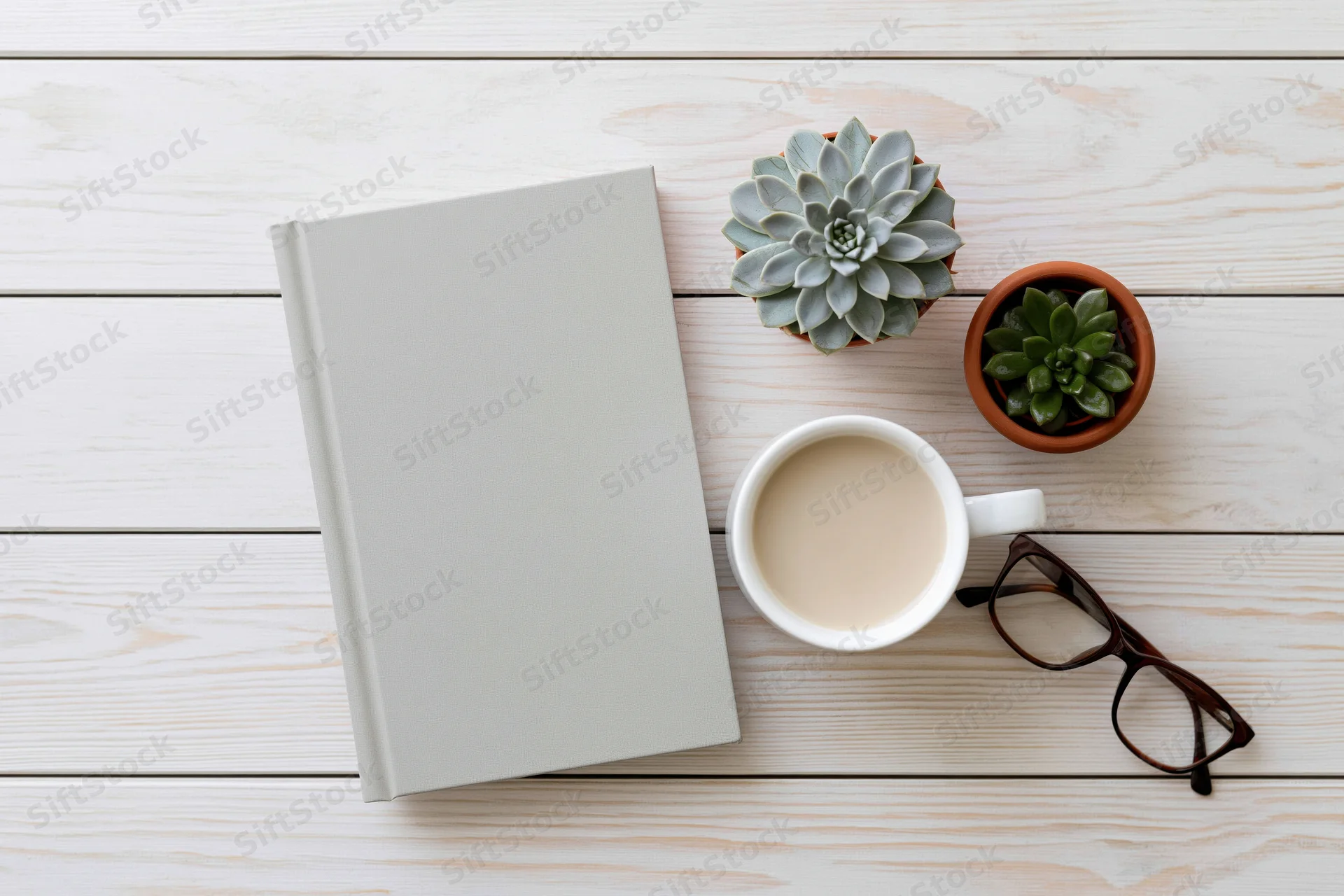 Overhead flat lay of a plain gray hardcover book, coffee mug, succulents, and glasses on a white wooden table