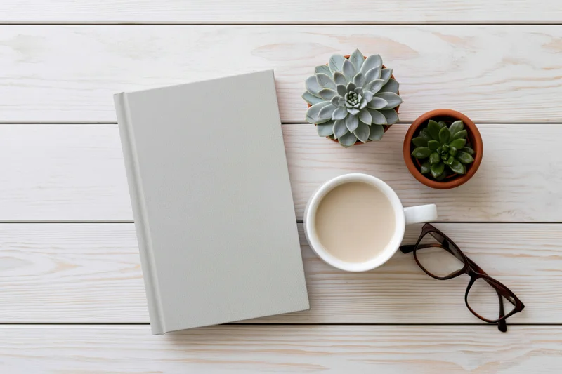 Overhead flat lay of a plain gray hardcover book, coffee mug, succulents, and glasses on a white wooden table