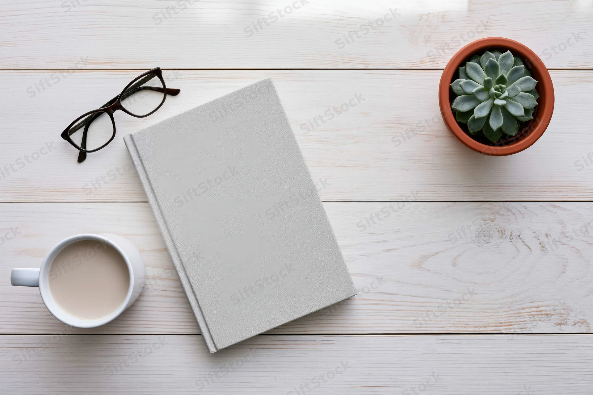 Overhead flat lay of a grey hardcover book, coffee mug, eyeglasses and potted succulent on a white wooden desk