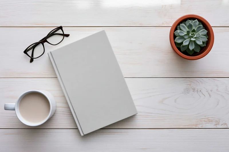 Overhead flat lay of a grey hardcover book, coffee mug, eyeglasses and potted succulent on a white wooden desk