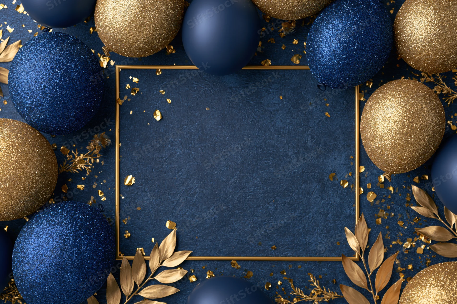 Navy blue and gold party decorations arranged in flat lay with central copyspace frame