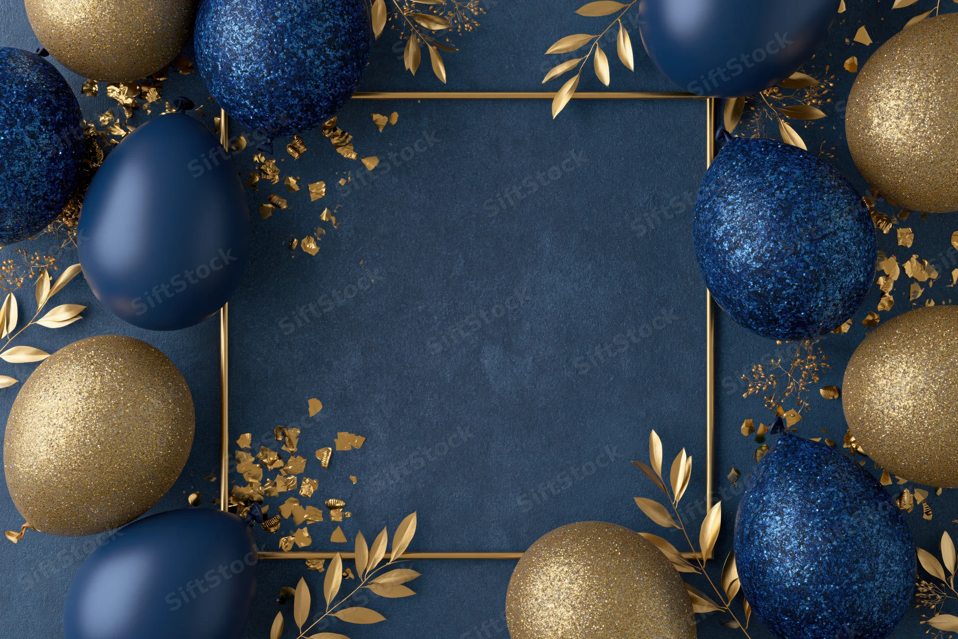 Navy blue and gold balloons with confetti and leaves arranged in a frame on a flat surface for party decoration