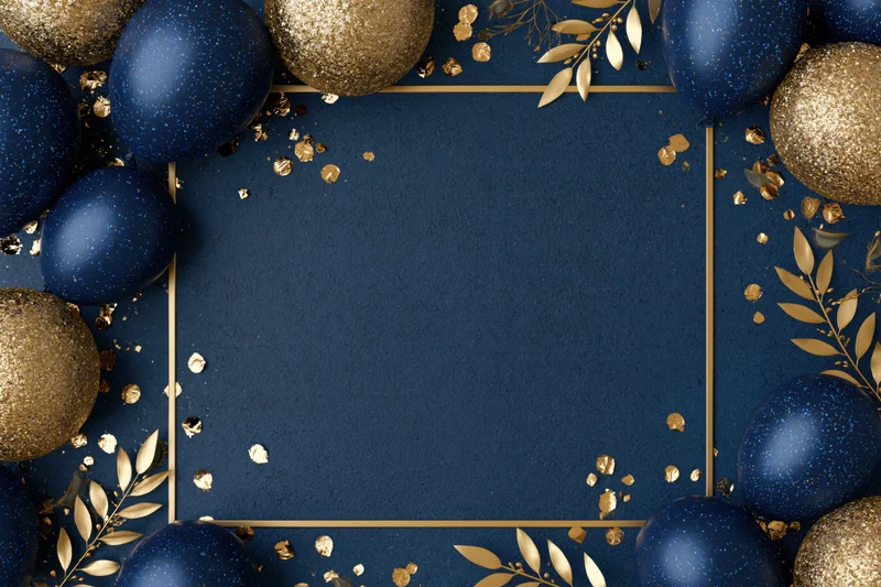 Navy blue and gold party decorations arranged in a flat lay with balloons and confetti forming a border around a central copyspace
