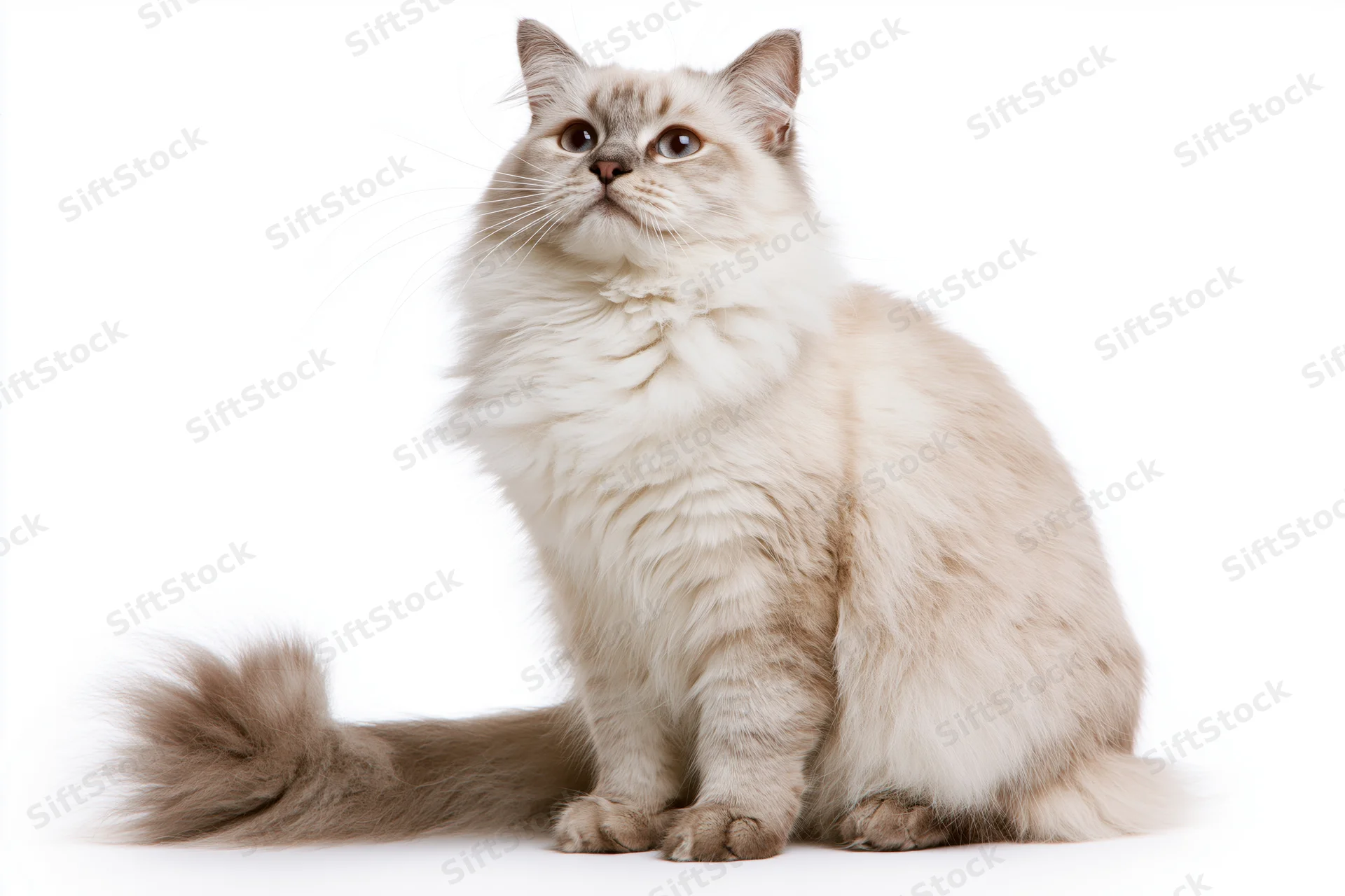 Fluffy ragdoll cat sitting upright and looking upward against white background