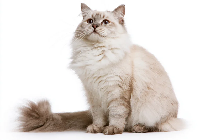 Fluffy ragdoll cat sitting upright and looking upward against white background