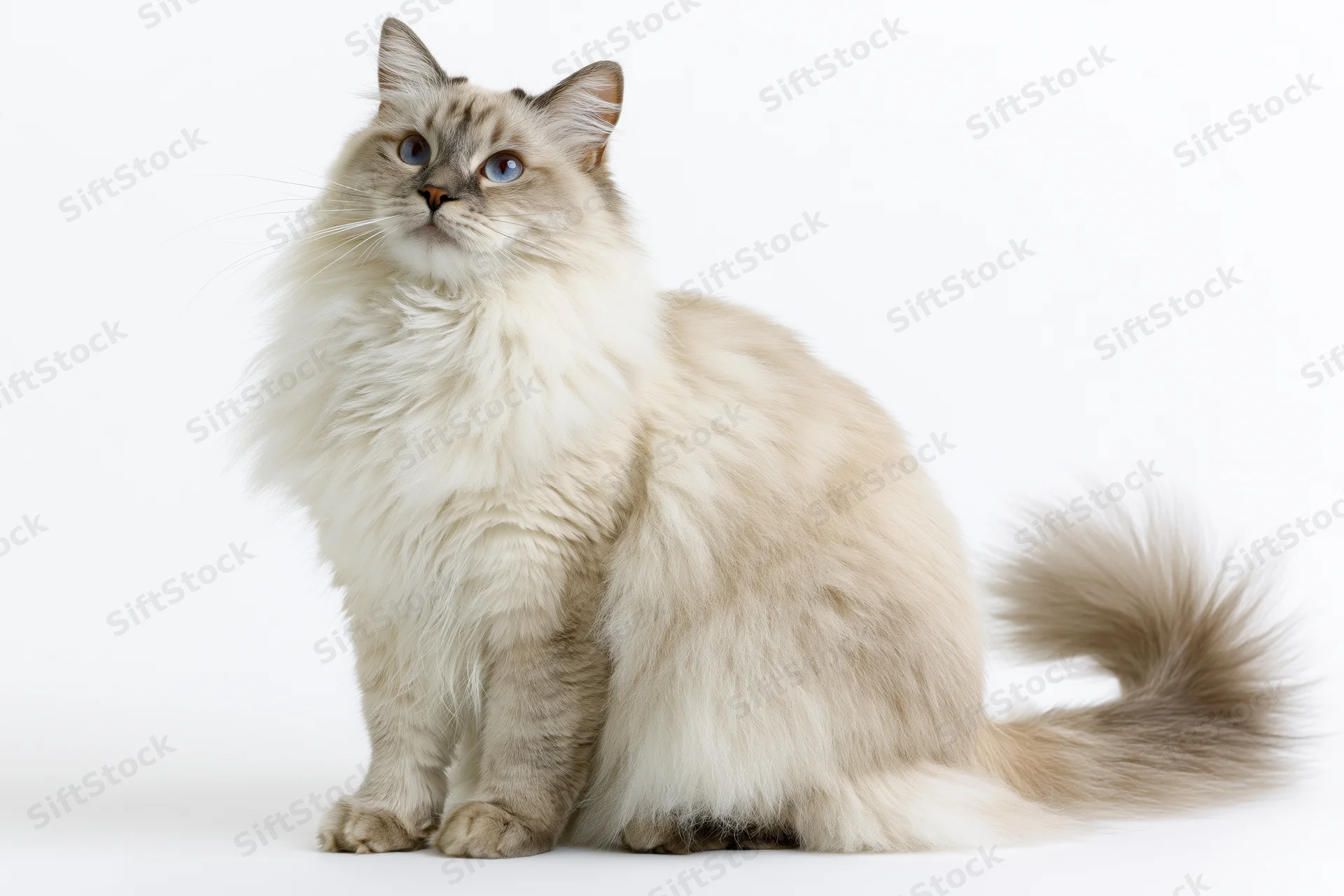 Fluffy ragdoll cat sitting upright with blue eyes on white background