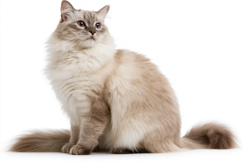 Fluffy ragdoll cat sitting upright with blue eyes on white background