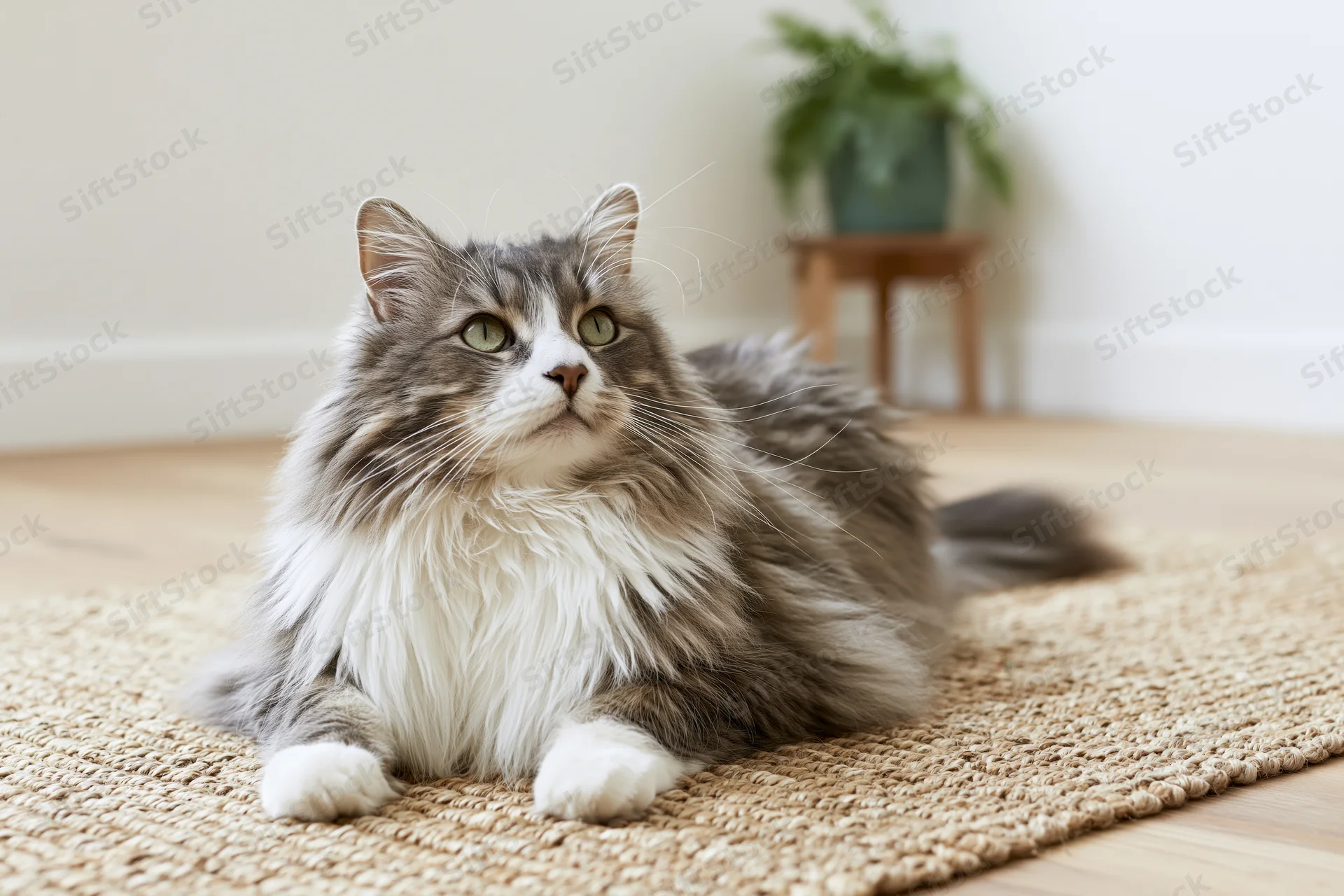 Fluffy grey and white long-haired cat lying relaxed on woven rug in home interior