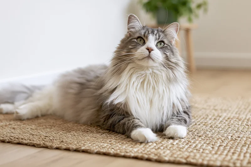 Fluffy grey and white long-haired cat lying relaxed on a woven jute rug indoors