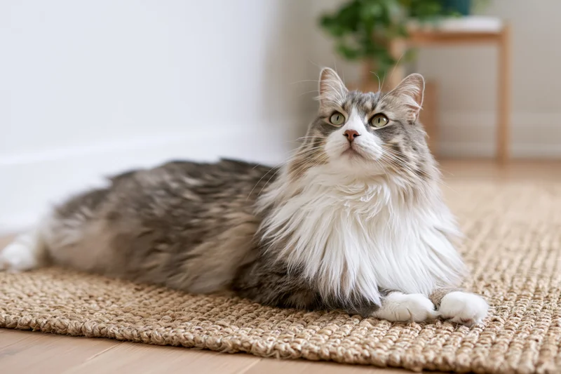 Fluffy grey and white long-haired cat lying relaxed on a woven jute rug indoors