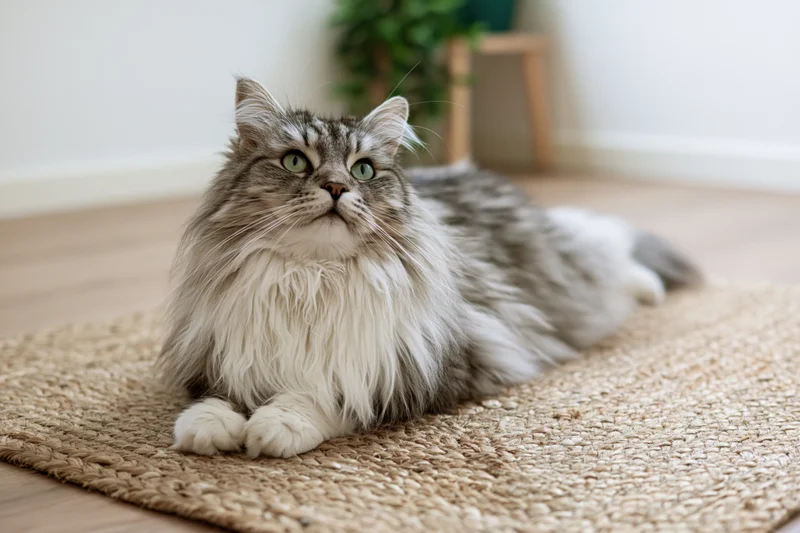 Fluffy grey and white long-haired cat lying relaxed on woven rug in living room