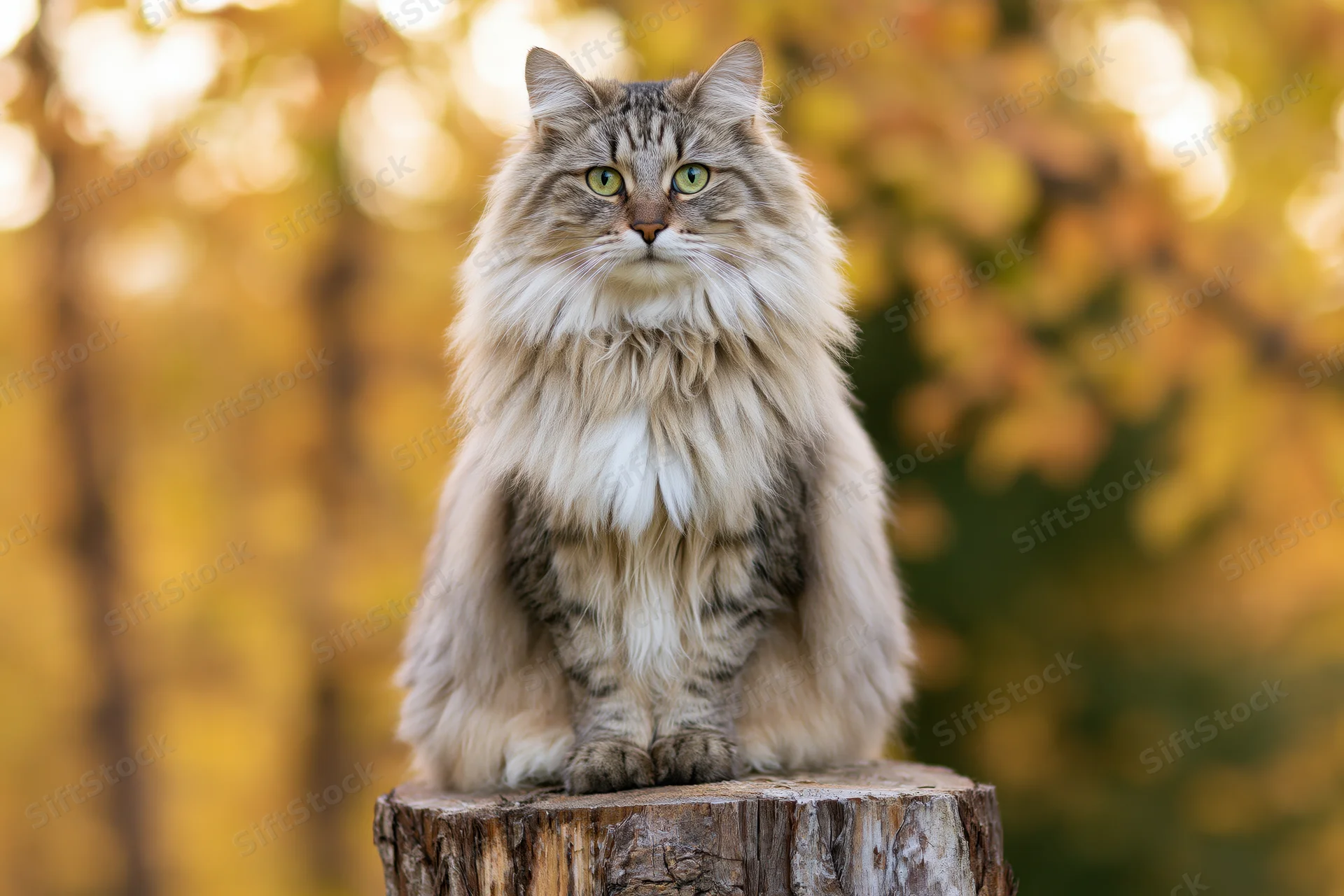 Fluffy longhaired tabby cat sitting upright on tree stump in autumn foliage