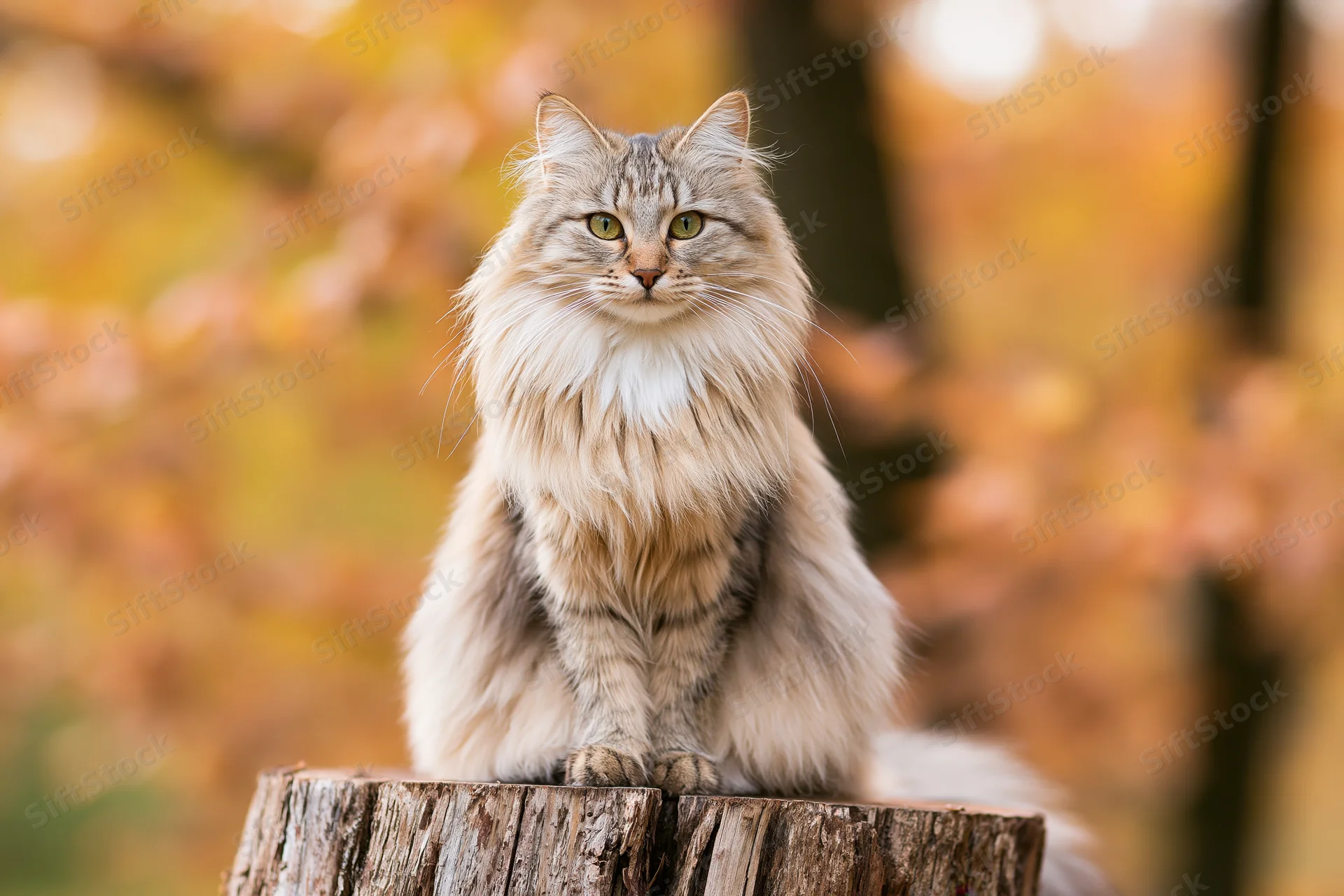 Fluffy longhaired tabby cat sitting upright on a tree stump in autumn foliage