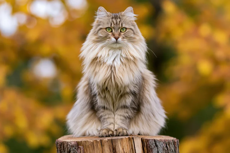Fluffy longhaired tabby cat sitting upright on tree stump in autumn foliage