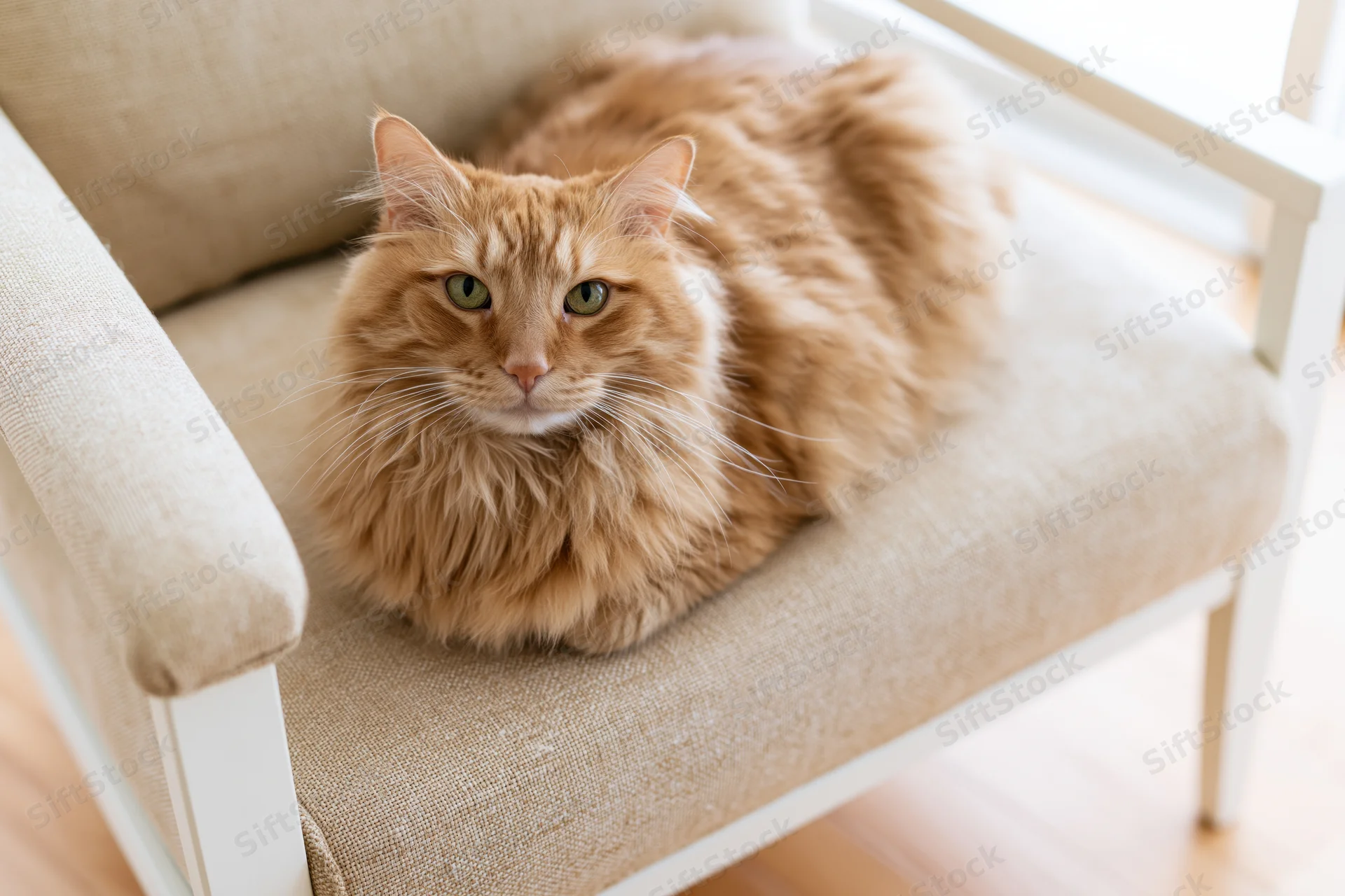Fluffy orange tabby cat resting on beige chair indoors