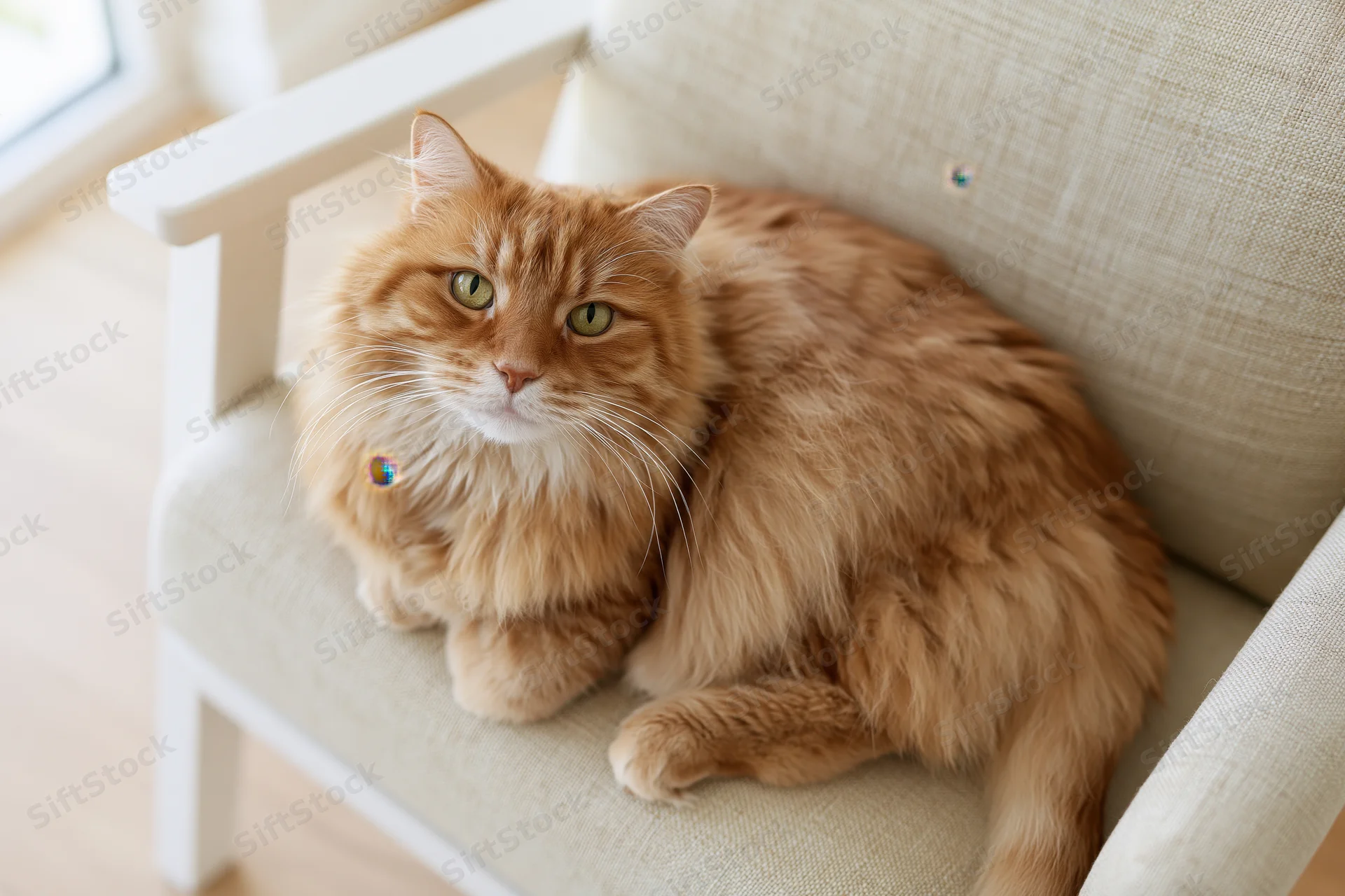 Fluffy orange tabby cat resting on beige chair in living room