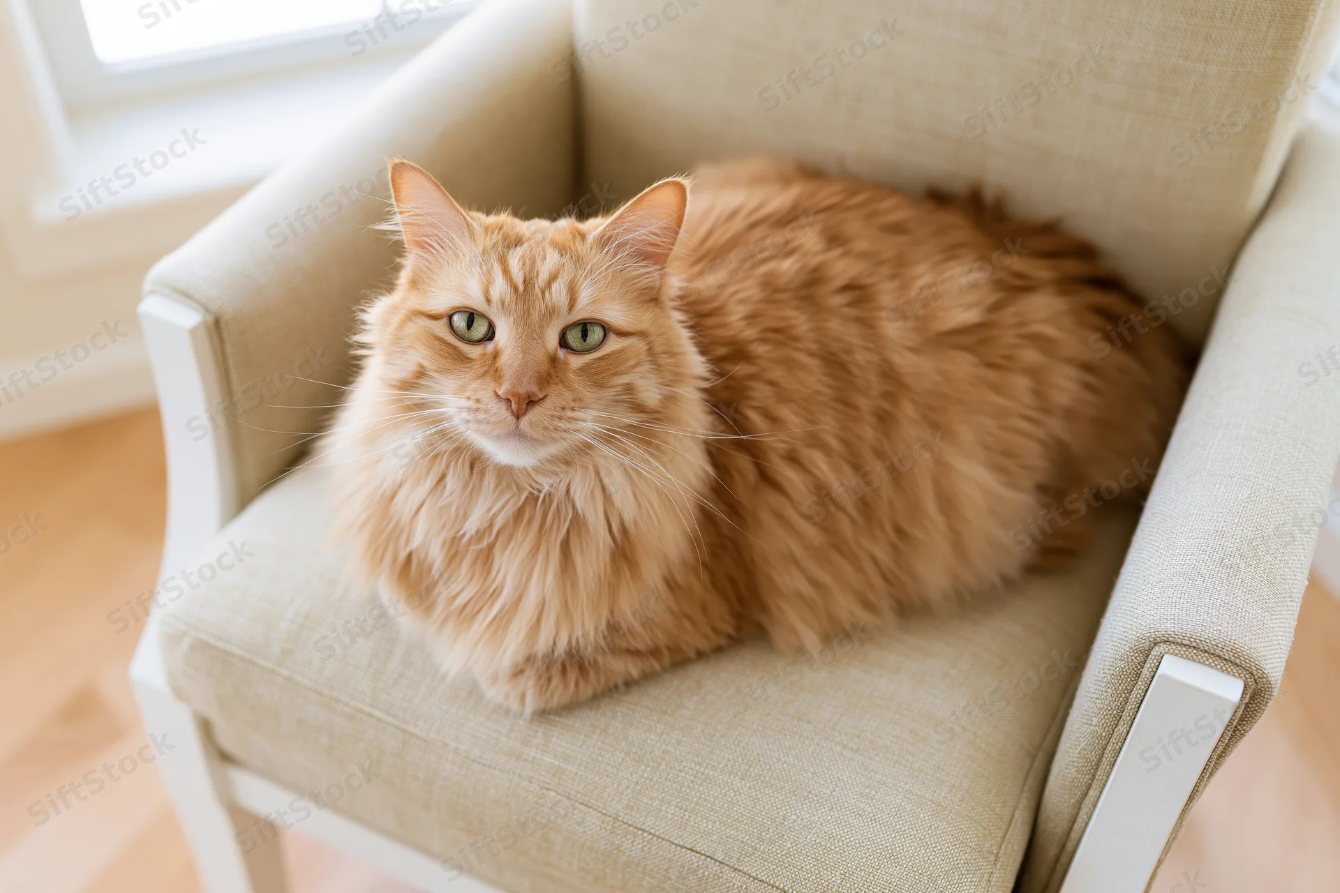 Fluffy orange tabby cat resting on beige armchair in sunlit living room