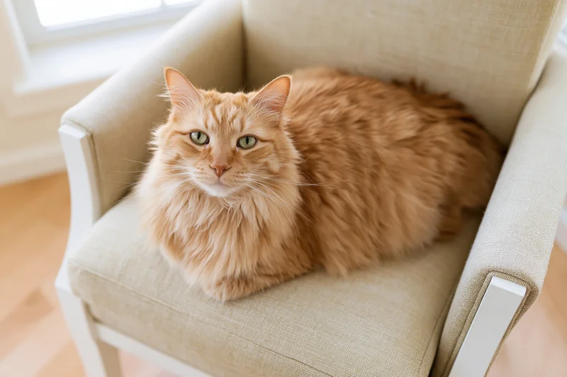 Fluffy orange tabby cat resting on beige armchair in sunlit living room