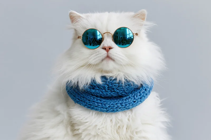 Fluffy white persian cat wearing round metal sunglasses and blue knitted scarf in studio portrait