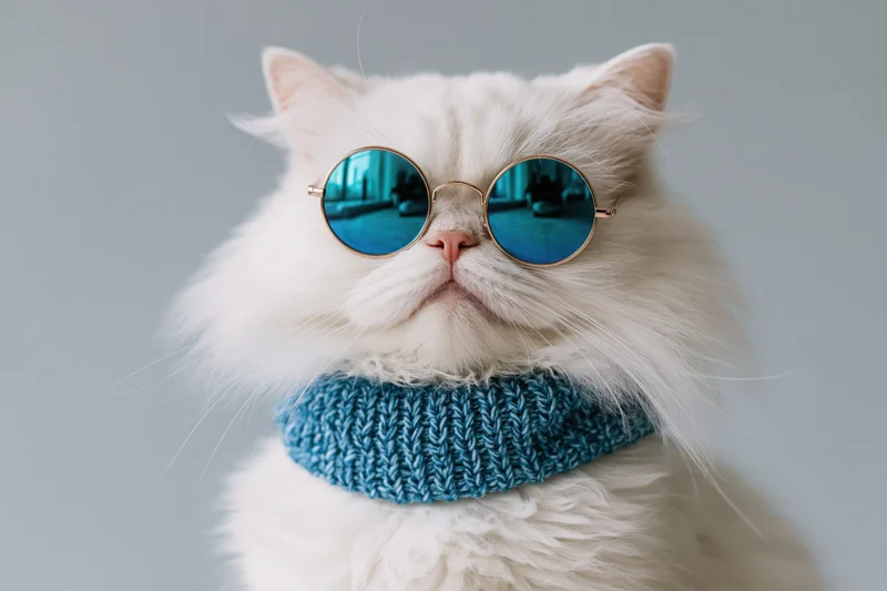 Fluffy white persian cat wearing round metal sunglasses and a teal knitted scarf in studio portrait