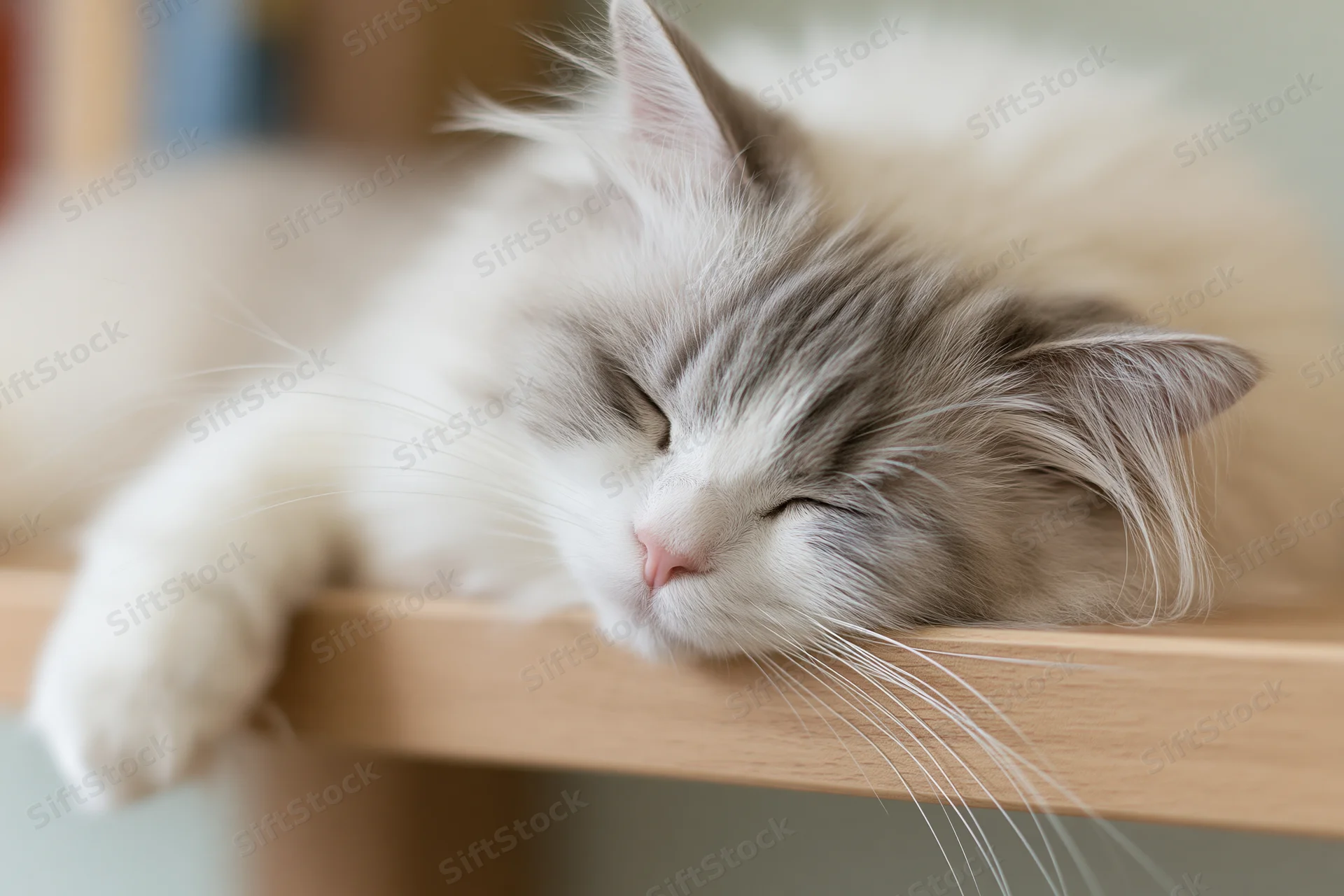 Fluffy white and grey cat sleeping peacefully with one paw draped over wooden shelf
