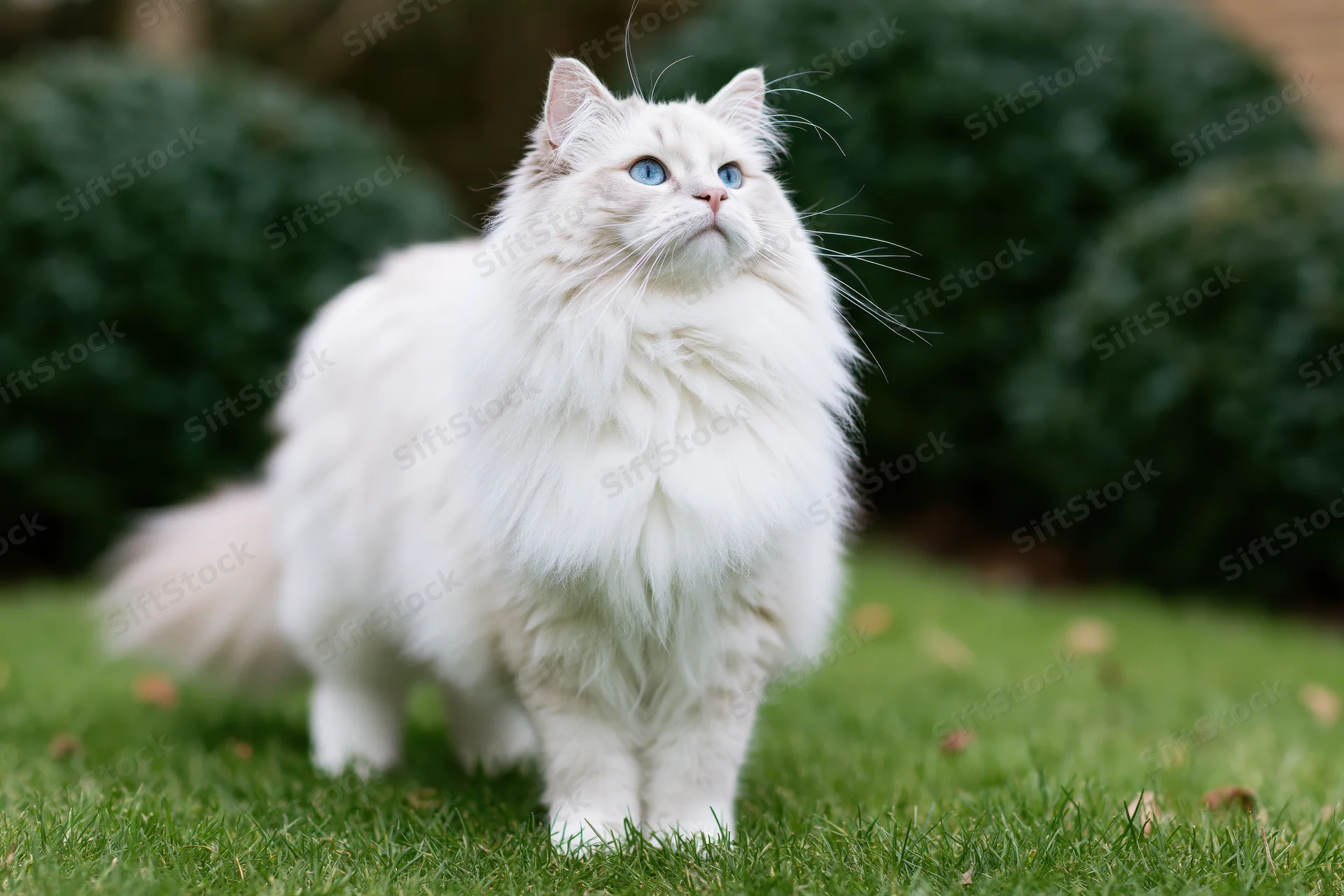 Fluffy white longhaired cat standing on grass in garden looking up