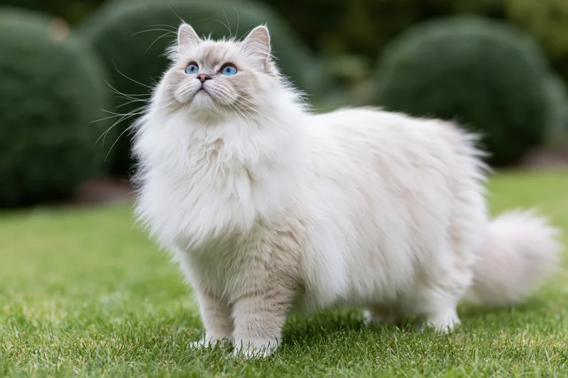 Fluffy white longhaired cat standing alert on green grass in garden