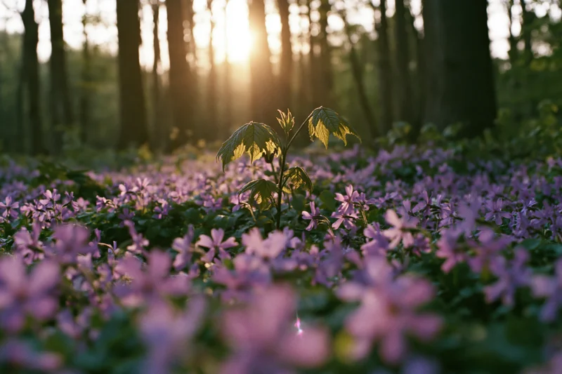 Spring wildflowers blooming on forest floor at sunrise